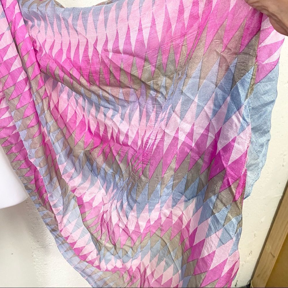 SilkLine 100% silk pink blue and tan geometric print long scarf wrap - Picture 3 of 7